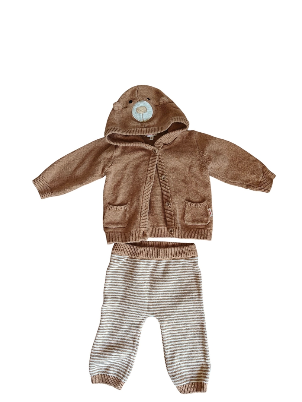 Catimini Brown Bear Hooded Knit Set Cream Striped Pants 9M